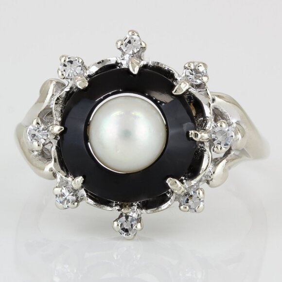 10KWG CZ Cultured Pearl Onyx Anniversary/ Cocktail Ring by Priscilla